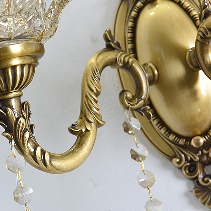 Lisslune | Clear Glass Flower Wall Mounted Light Modern 1/2 Heads Brass Wall Light with Crystal Drops