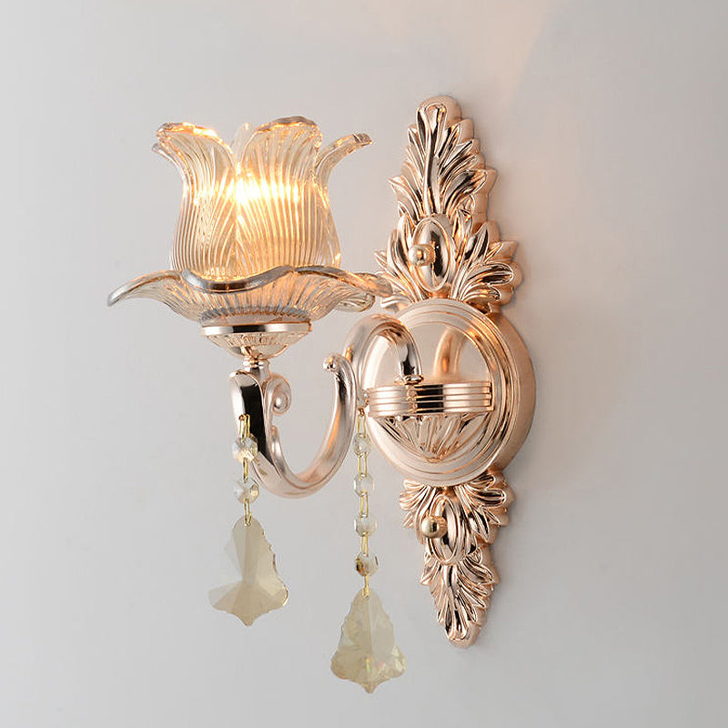 Lisslune | Flower Wall Mounted Light Source Modern Prism Glass 1/2 Heads Brass Wall Lamp with Crystal Drop Accent