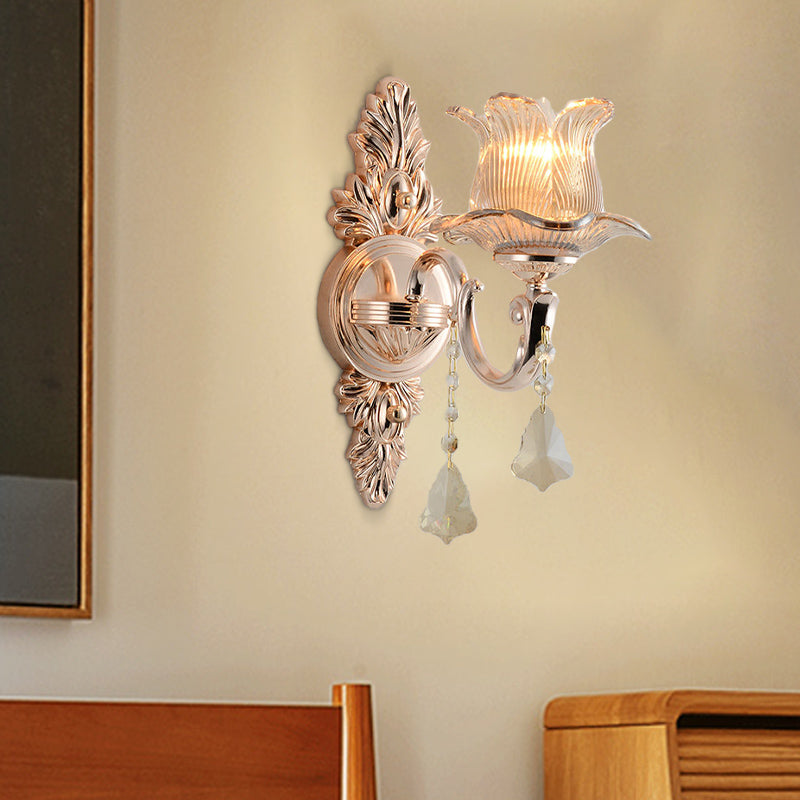 Lisslune | Flower Wall Mounted Light Source Modern Prism Glass 1/2 Heads Brass Wall Lamp with Crystal Drop Accent
