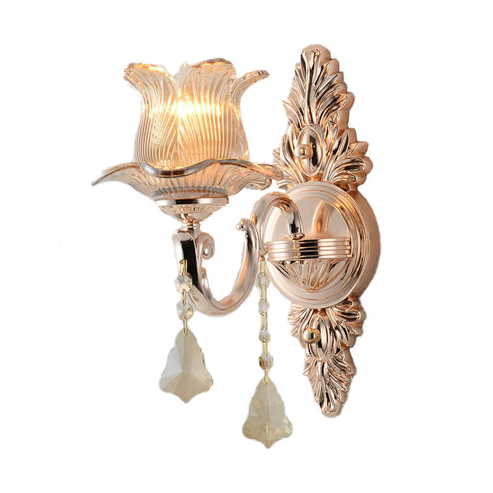 Lisslune | Flower Wall Mounted Light Source Modern Prism Glass 1/2 Heads Brass Wall Lamp with Crystal Drop Accent