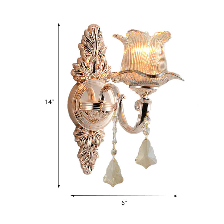 Lisslune | Flower Wall Mounted Light Source Modern Prism Glass 1/2 Heads Brass Wall Lamp with Crystal Drop Accent