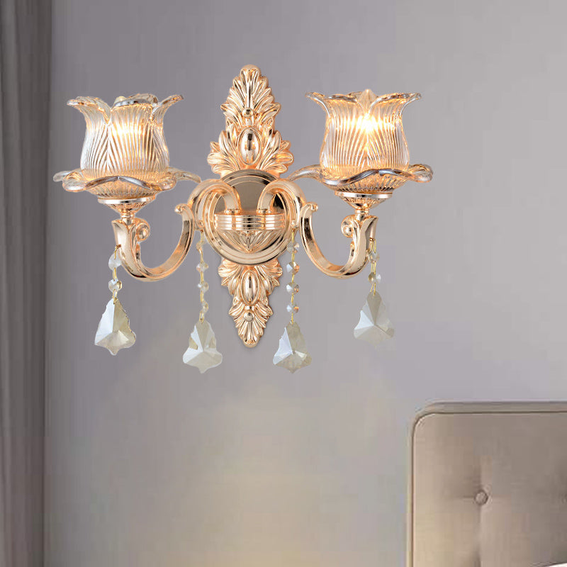 Lisslune | Flower Wall Mounted Light Source Modern Prism Glass 1/2 Heads Brass Wall Lamp with Crystal Drop Accent