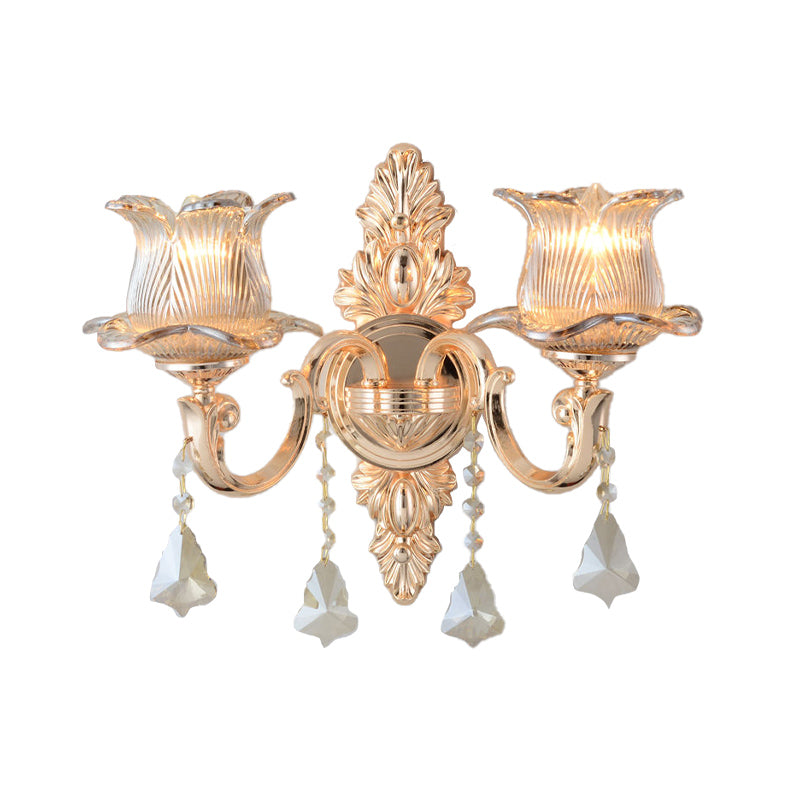 Lisslune | Flower Wall Mounted Light Source Modern Prism Glass 1/2 Heads Brass Wall Lamp with Crystal Drop Accent