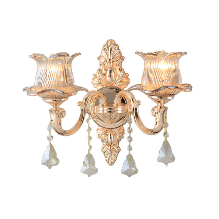 Lisslune | Flower Wall Mounted Light Source Modern Prism Glass 1/2 Heads Brass Wall Lamp with Crystal Drop Accent