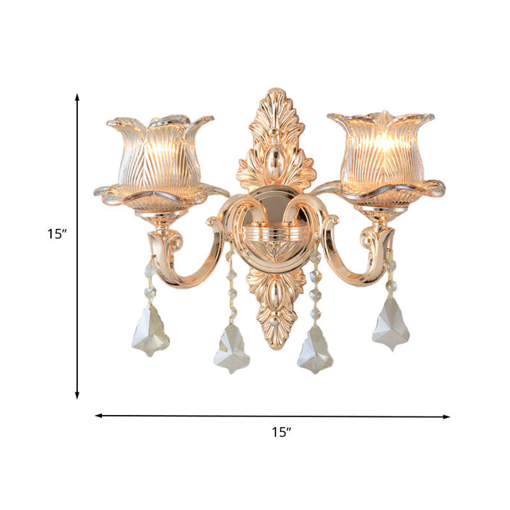 Lisslune | Flower Wall Mounted Light Source Modern Prism Glass 1/2 Heads Brass Wall Lamp with Crystal Drop Accent