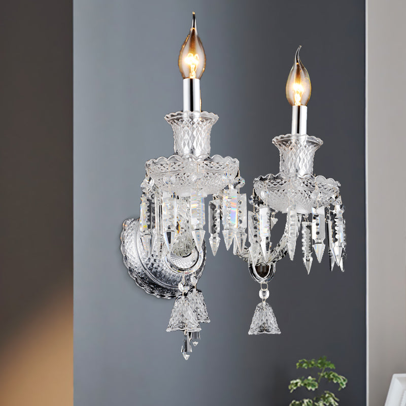 Lisslune | Candle holder Clear Glass Wall Lamp Fixture Modern 1/2 Cups Chrome Wall Lamp with Diamond Shaped Crystal Decoration