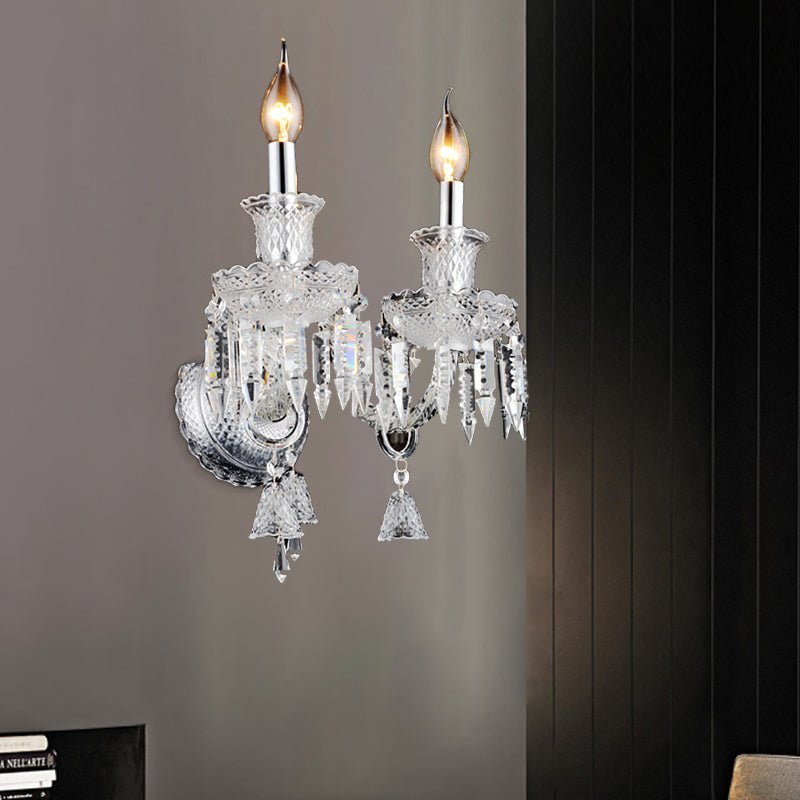 Lisslune | Candle holder Clear Glass Wall Lamp Fixture Modern 1/2 Cups Chrome Wall Lamp with Diamond Shaped Crystal Decoration