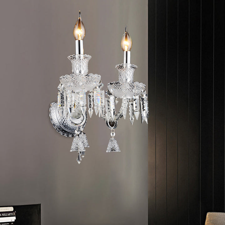 Lisslune | Candle holder Clear Glass Wall Lamp Fixture Modern 1/2 Cups Chrome Wall Lamp with Diamond Shaped Crystal Decoration