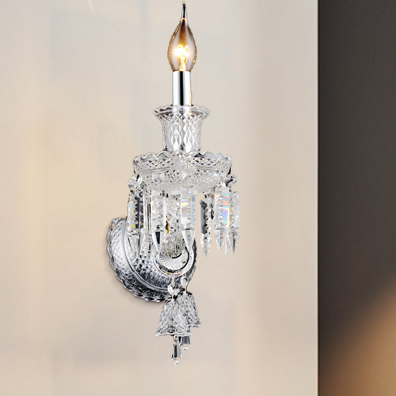 Lisslune | Candle holder Clear Glass Wall Lamp Fixture Modern 1/2 Cups Chrome Wall Lamp with Diamond Shaped Crystal Decoration