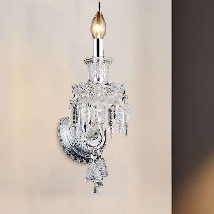 Lisslune | Candle holder Clear Glass Wall Lamp Fixture Modern 1/2 Cups Chrome Wall Lamp with Diamond Shaped Crystal Decoration