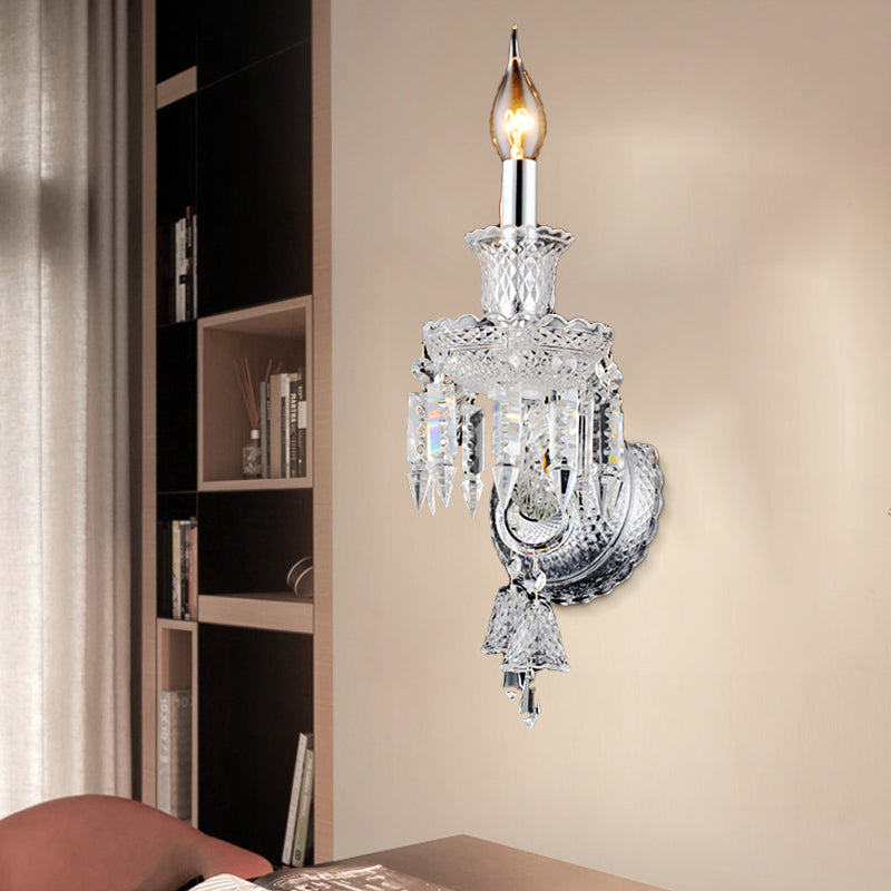 Lisslune | Candle holder Clear Glass Wall Lamp Fixture Modern 1/2 Cups Chrome Wall Lamp with Diamond Shaped Crystal Decoration