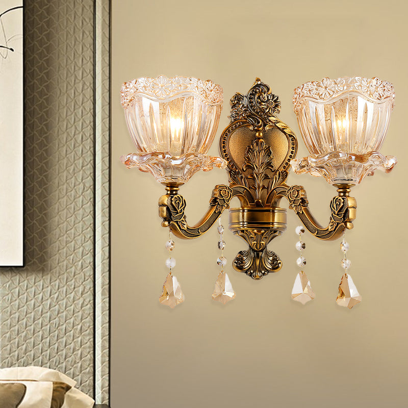 Lisslune | Amber Glass Flower Wall Light Modern 1/2 Heads Brass Wall Lamp with K9 Crystal Drops
