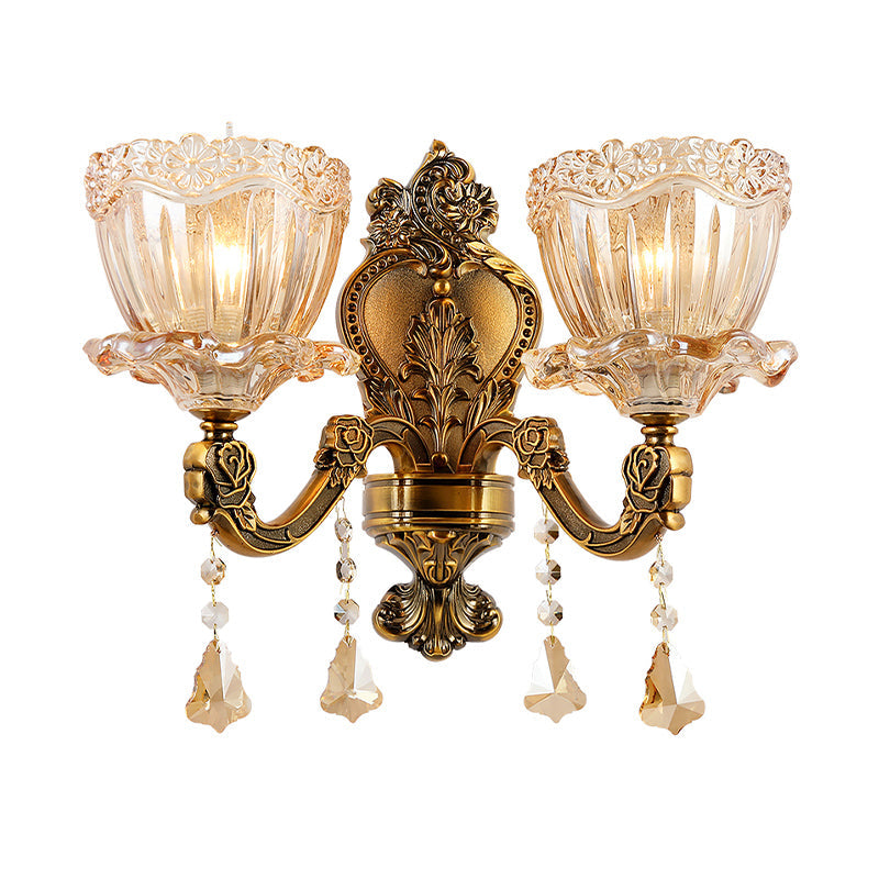 Lisslune | Amber Glass Flower Wall Light Modern 1/2 Heads Brass Wall Lamp with K9 Crystal Drops