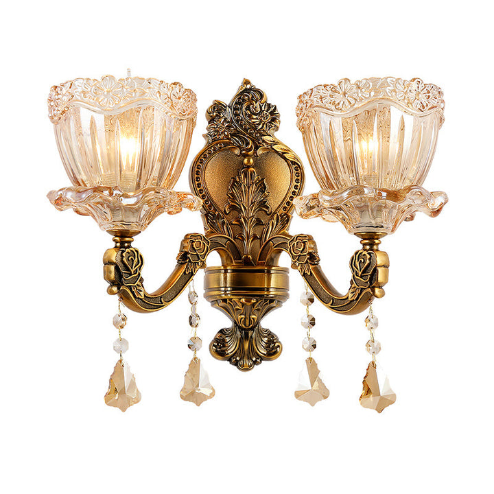 Lisslune | Amber Glass Flower Wall Light Modern 1/2 Heads Brass Wall Lamp with K9 Crystal Drops