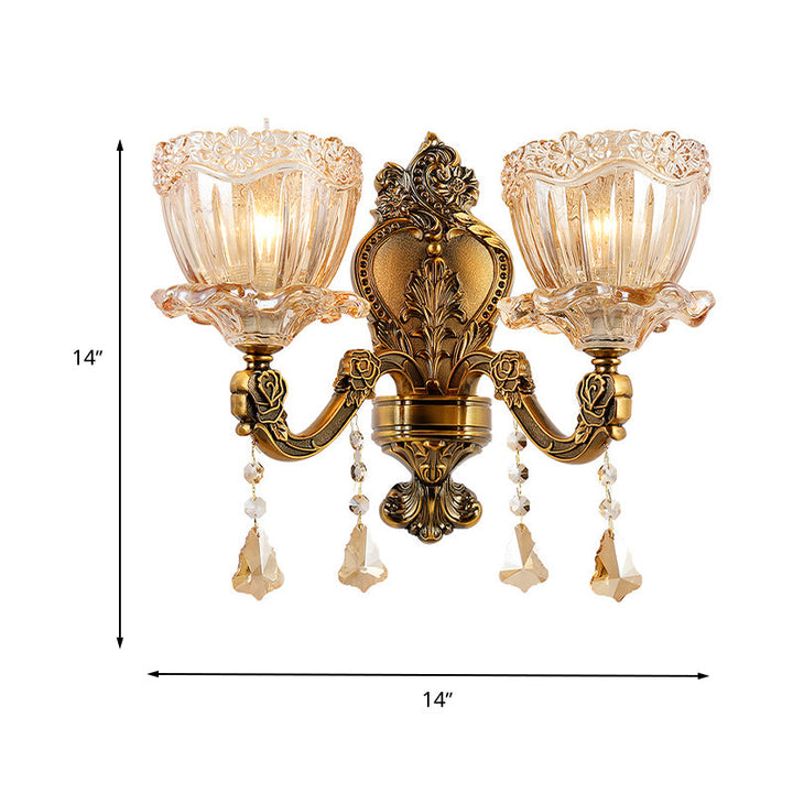 Lisslune | Amber Glass Flower Wall Light Modern 1/2 Heads Brass Wall Lamp with K9 Crystal Drops
