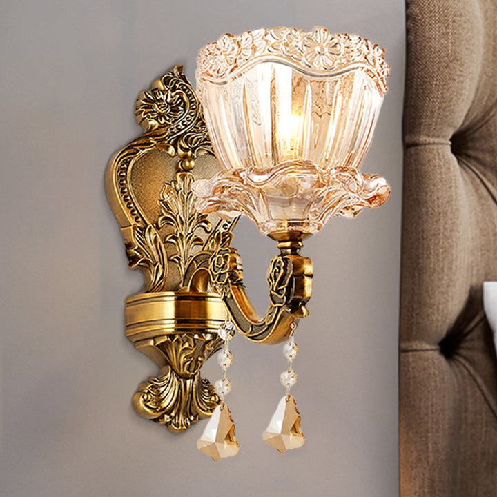 Lisslune | Amber Glass Flower Wall Light Modern 1/2 Heads Brass Wall Lamp with K9 Crystal Drops