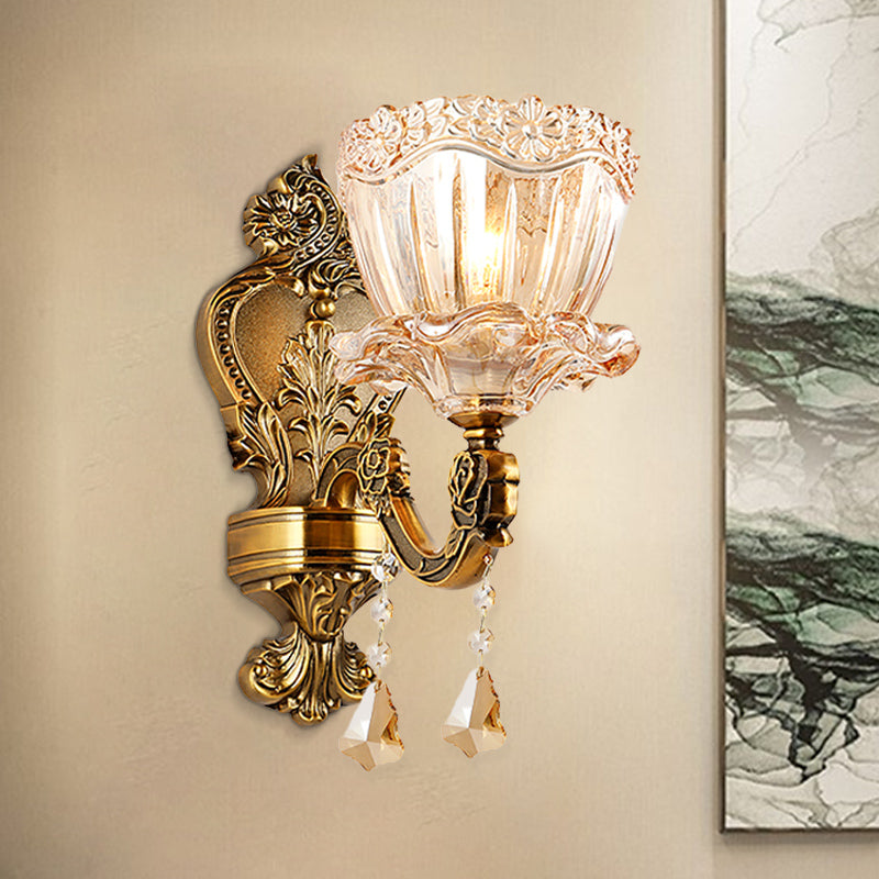 Lisslune | Amber Glass Flower Wall Light Modern 1/2 Heads Brass Wall Lamp with K9 Crystal Drops