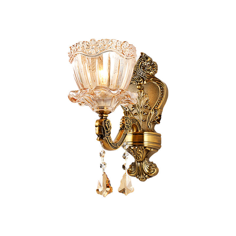 Lisslune | Amber Glass Flower Wall Light Modern 1/2 Heads Brass Wall Lamp with K9 Crystal Drops