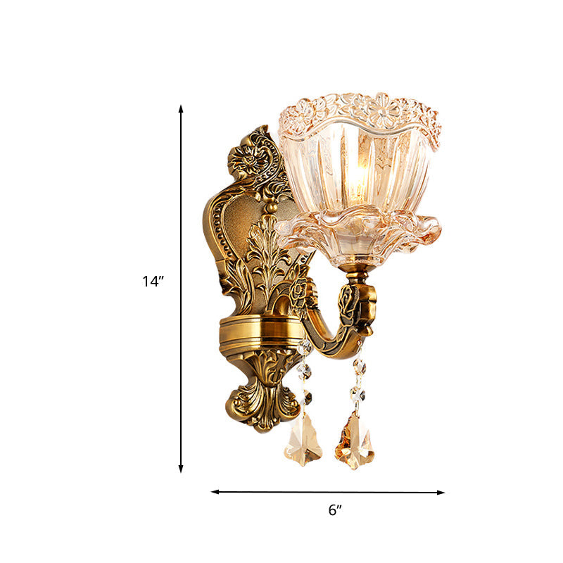 Lisslune | Amber Glass Flower Wall Light Modern 1/2 Heads Brass Wall Lamp with K9 Crystal Drops