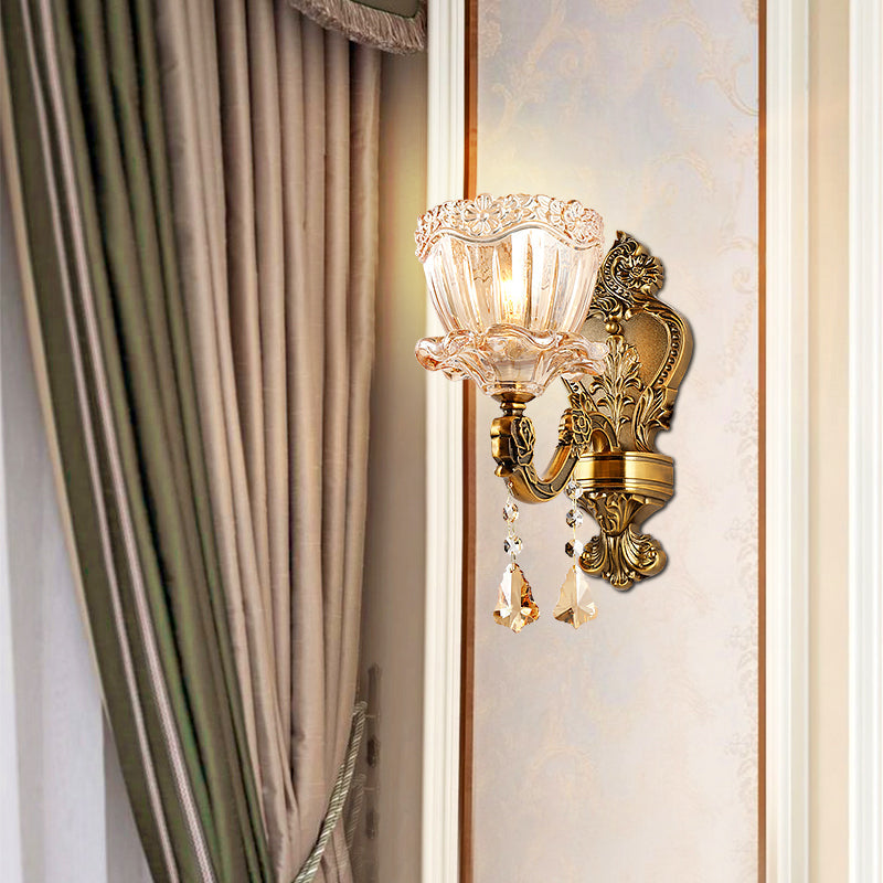 Lisslune | Amber Glass Flower Wall Light Modern 1/2 Heads Brass Wall Lamp with K9 Crystal Drops