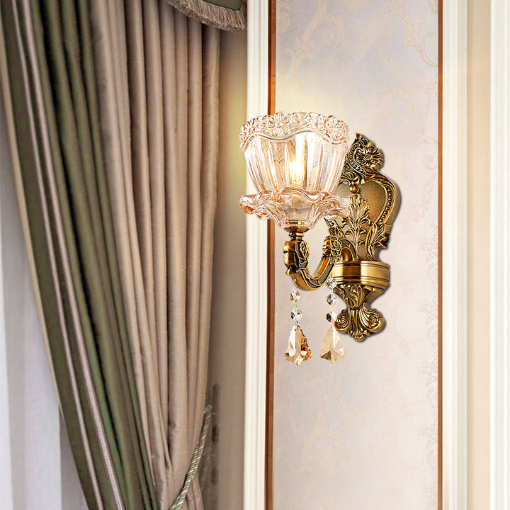 Lisslune | Amber Glass Flower Wall Light Modern 1/2 Heads Brass Wall Lamp with K9 Crystal Drops