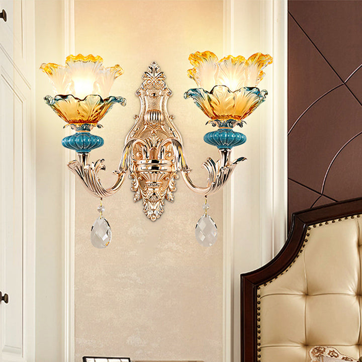 Skørter | Flower Wall Light Fixture Modernism Amber and Blue Glass 1/2 Heads Brass Wall Light