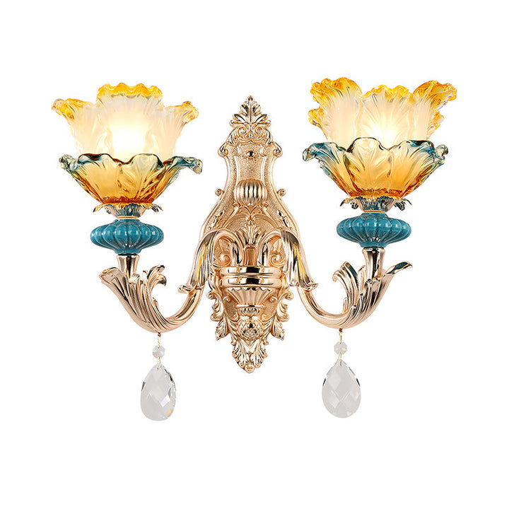 Skørter | Flower Wall Light Fixture Modernism Amber and Blue Glass 1/2 Heads Brass Wall Light