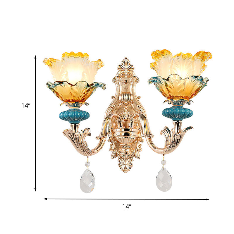Skørter | Flower Wall Light Fixture Modernism Amber and Blue Glass 1/2 Heads Brass Wall Light