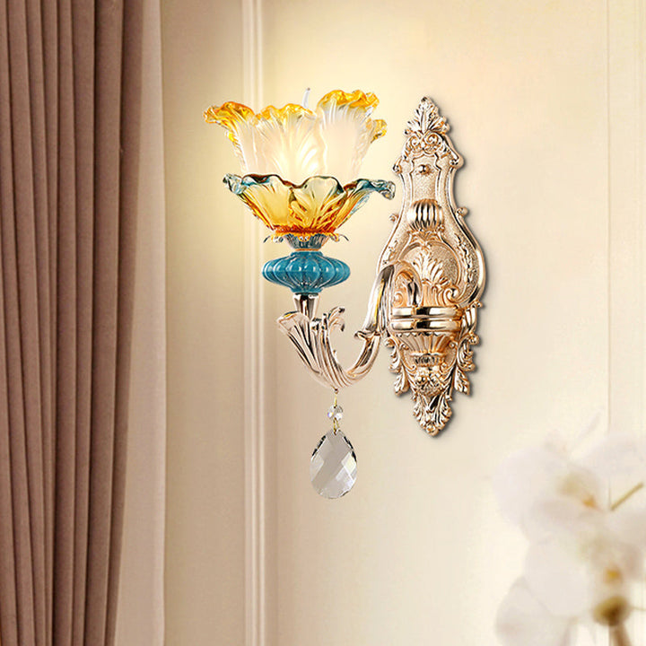 Skørter | Flower Wall Light Fixture Modernism Amber and Blue Glass 1/2 Heads Brass Wall Light