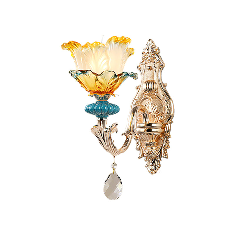 Skørter | Flower Wall Light Fixture Modernism Amber and Blue Glass 1/2 Heads Brass Wall Light