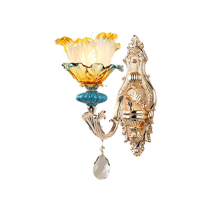 Skørter | Flower Wall Light Fixture Modernism Amber and Blue Glass 1/2 Heads Brass Wall Light