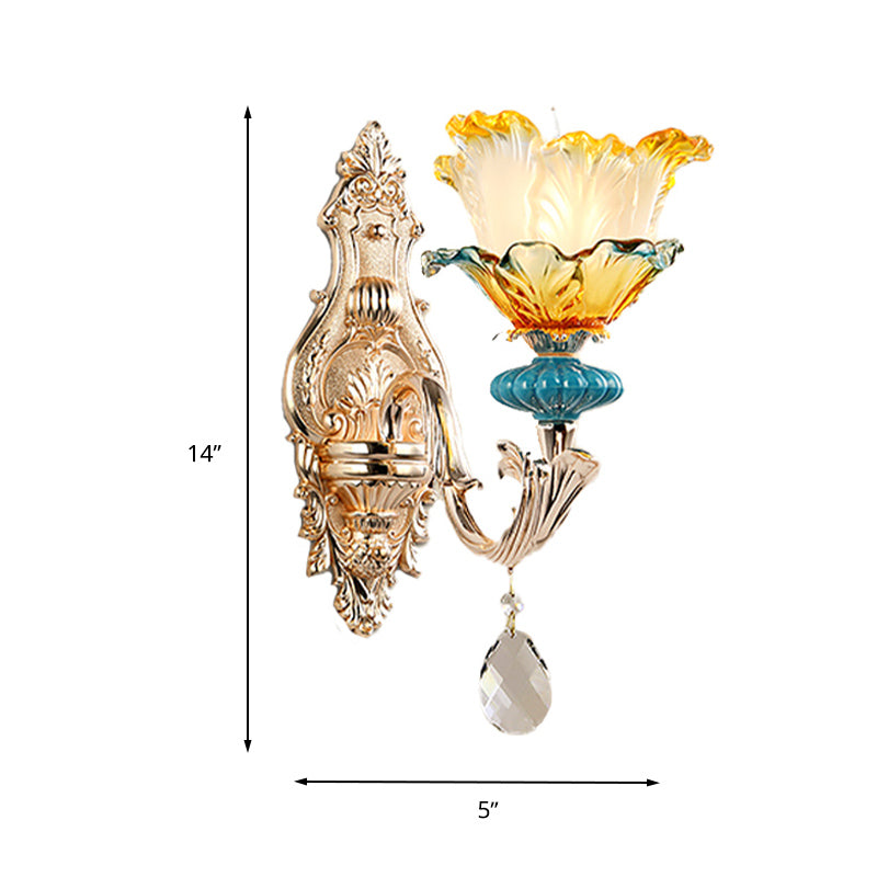 Skørter | Flower Wall Light Fixture Modernism Amber and Blue Glass 1/2 Heads Brass Wall Light