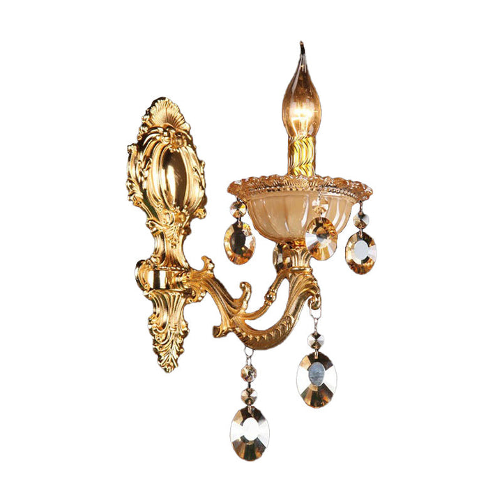 Skørter | Brass Candle Wall Mounted Light Traditional Metal 1 Head Dining Room Wall Lamp with Embossed Crystal Drops