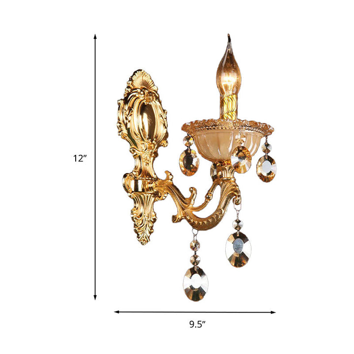 Skørter | Brass Candle Wall Mounted Light Traditional Metal 1 Head Dining Room Wall Lamp with Embossed Crystal Drops