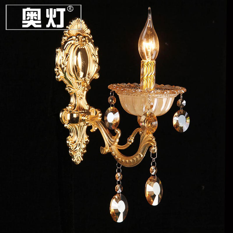 Skørter | Brass Candle Wall Mounted Light Traditional Metal 1 Head Dining Room Wall Lamp with Embossed Crystal Drops