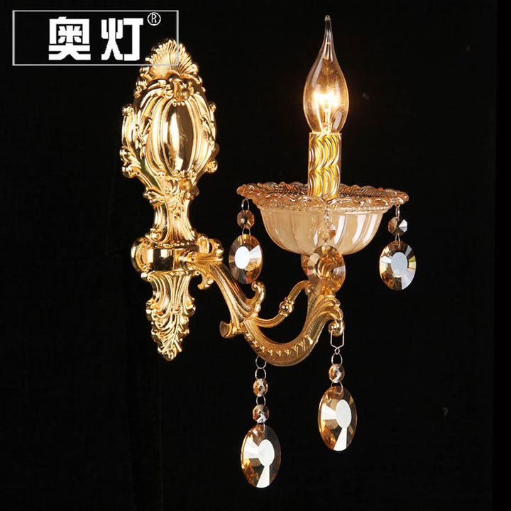 Skørter | Brass Candle Wall Mounted Light Traditional Metal 1 Head Dining Room Wall Lamp with Embossed Crystal Drops