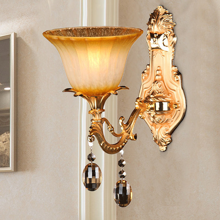 Skørter | 1 Head Amber Glass Wall Lamp Traditional Brass Flower Bedroom Wall Mounted Light