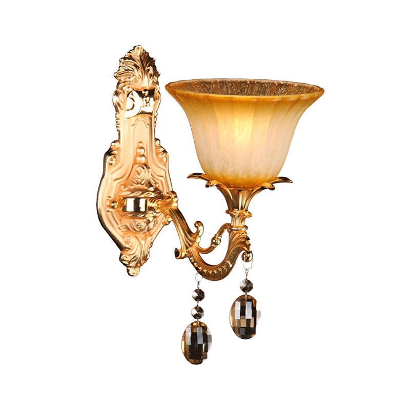 Skørter | 1 Head Amber Glass Wall Lamp Traditional Brass Flower Bedroom Wall Mounted Light