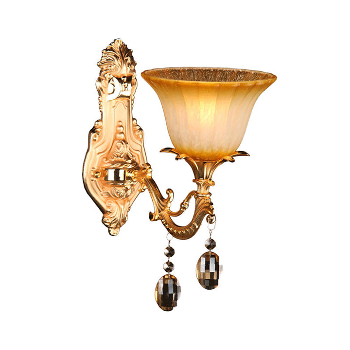 Skørter | 1 Head Amber Glass Wall Lamp Traditional Brass Flower Bedroom Wall Mounted Light
