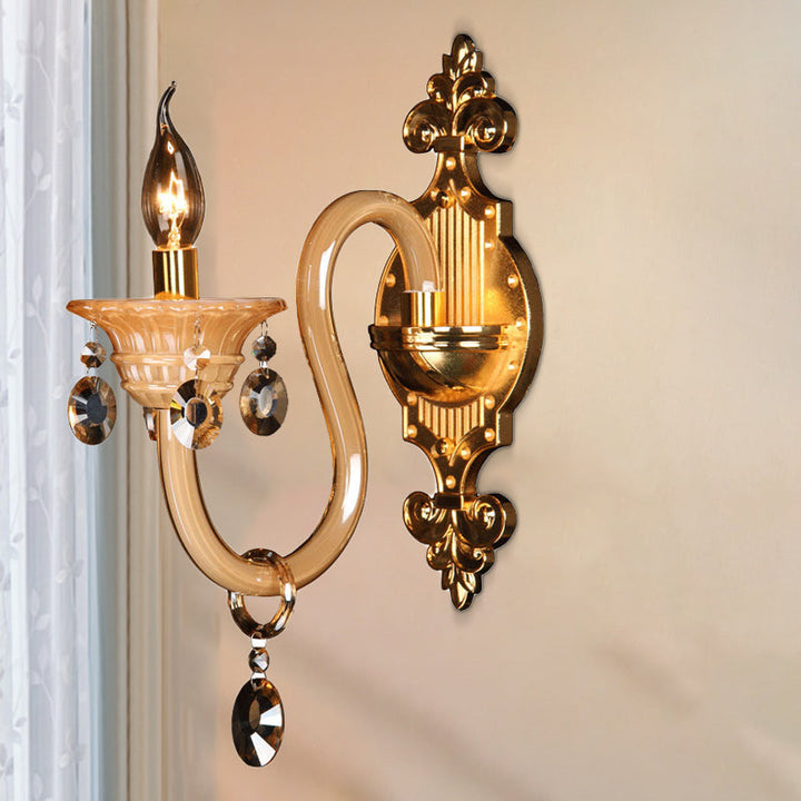 Skørter | Curved Arm White Glass Wall Lamp Traditional 1 Head Living Room Sconces Light with Frosted Crystal Accent