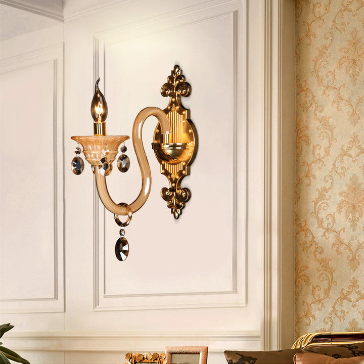 Skørter | Curved Arm White Glass Wall Lamp Traditional 1 Head Living Room Sconces Light with Frosted Crystal Accent