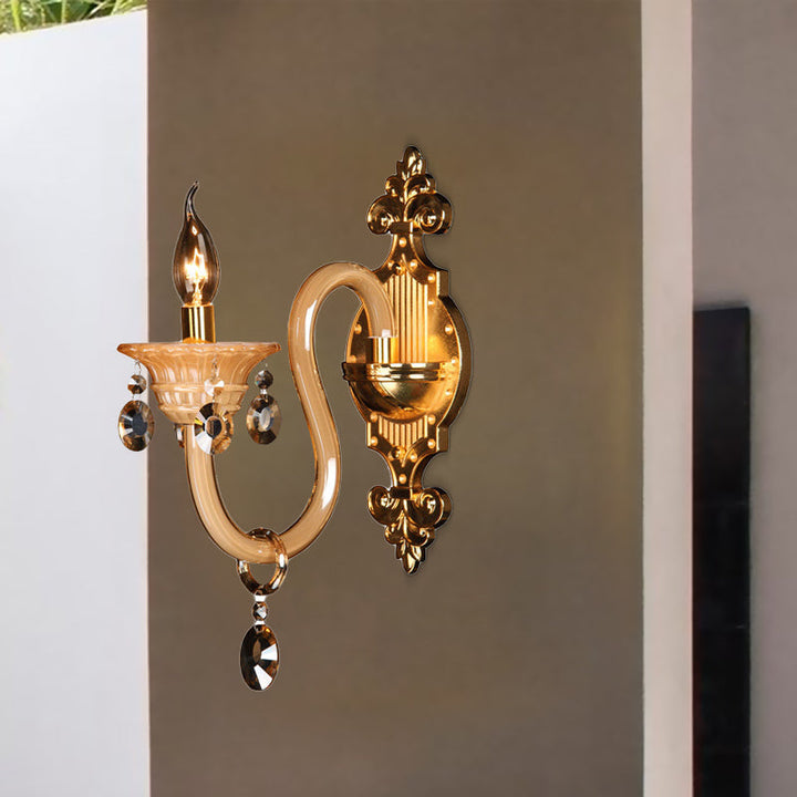 Skørter | Curved Arm White Glass Wall Lamp Traditional 1 Head Living Room Sconces Light with Frosted Crystal Accent