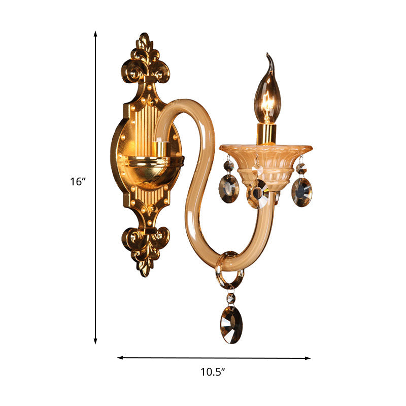 Skørter | Curved Arm White Glass Wall Lamp Traditional 1 Head Living Room Sconces Light with Frosted Crystal Accent