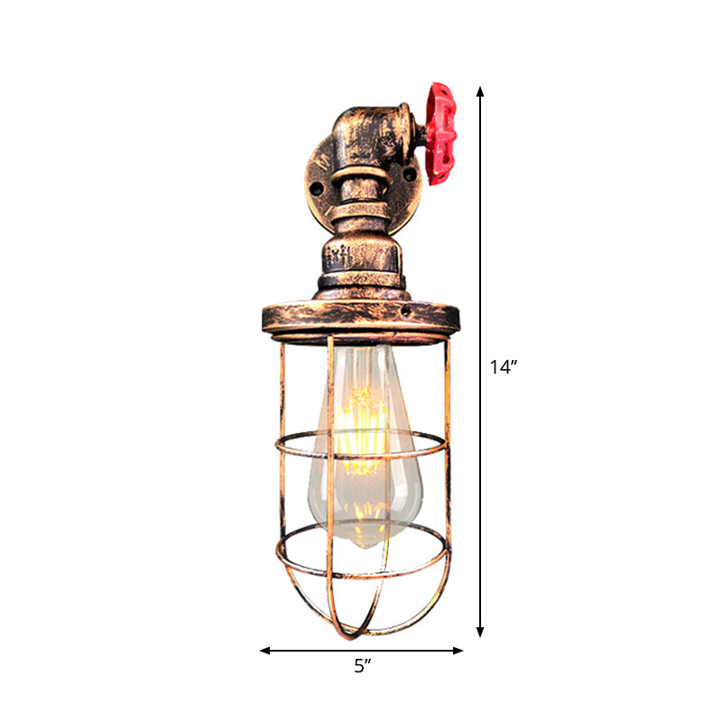 Lisslune | Wire frame corridor wall lamp iron 1 head farmhouse wall lighting with red shade design in antique bronze/black