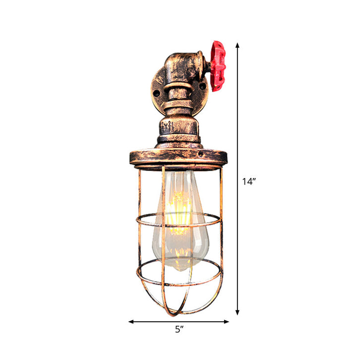 Lisslune | Wire frame corridor wall lamp iron 1 head farmhouse wall lighting with red shade design in antique bronze/black