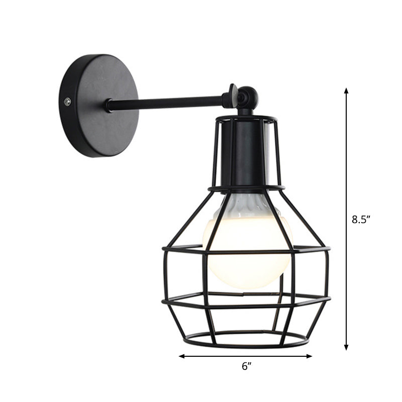 Lisslune | Globe Bedroom Wall Light Lamp Metal 1 Head Industrial Style Rotatable Wall Lamp with Wire Guard in Black