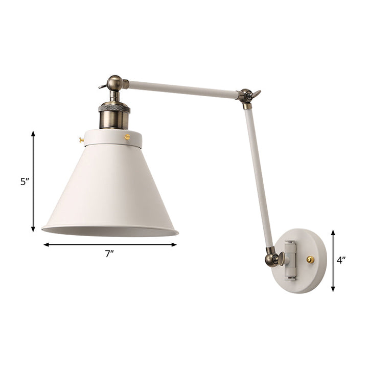 Lisslune | Cone Wall Lamp Fixture Industrial Style Metal 1 Bulb Black/White Wall Light with Swing Arm for Bedroom