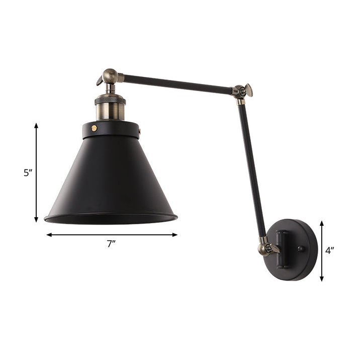 Lisslune | Cone Wall Lamp Fixture Industrial Style Metal 1 Bulb Black/White Wall Light with Swing Arm for Bedroom
