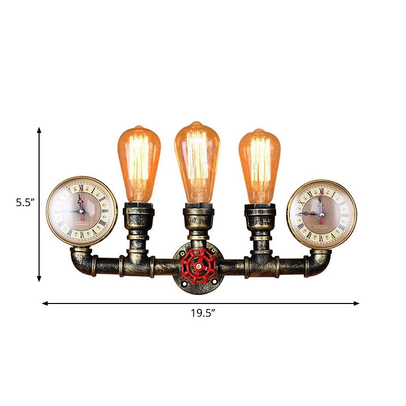 Lisslune | Antique Brass Pipe Wall Lamp Rustic Stylish 3 Heads Wrought Iron Wall Lamp Fixture with Manometer and Valve Deco