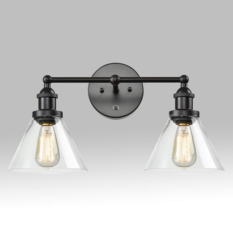 Lisslune | Conical Shade Industrial Design Wall-Mounted Lamp 2 Lights Makeup Mirror Light in Clear Glass Cage